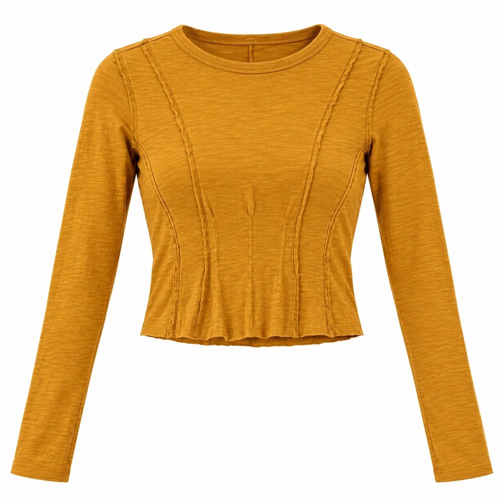 Pilcro Top Women XXS Mustard Yellow Boho Gorpcore Exposed Seams Slub Knit Crop